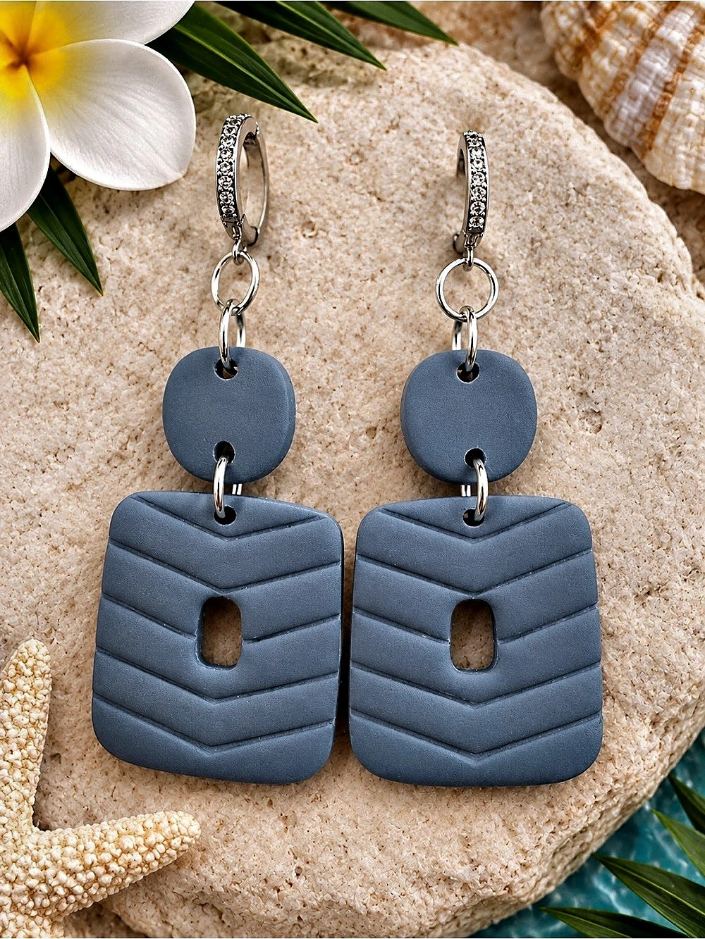 Blue & Silver Dangle Handmade Polymer Clay Earrings